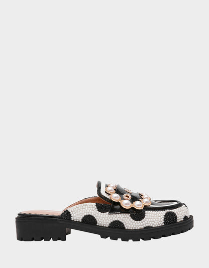 Betsey Johnson Value - BARTON White/Black Polka Dot Mule Embellished Buckle Lug Women's Loafer