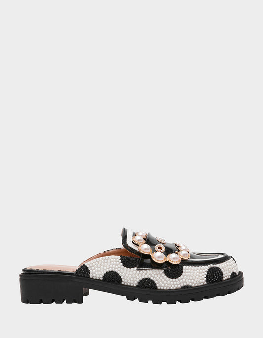 Betsey Johnson Value - BARTON White/Black Polka Dot Mule Embellished Buckle Lug Women's Loafer