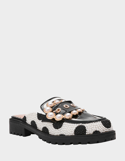 Betsey Johnson Value - BARTON White/Black Polka Dot Mule Embellished Buckle Lug Women's Loafer