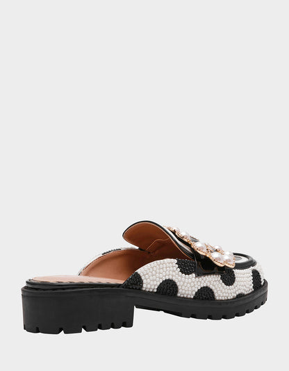 Betsey Johnson Value - BARTON White/Black Polka Dot Mule Embellished Buckle Lug Women's Loafer