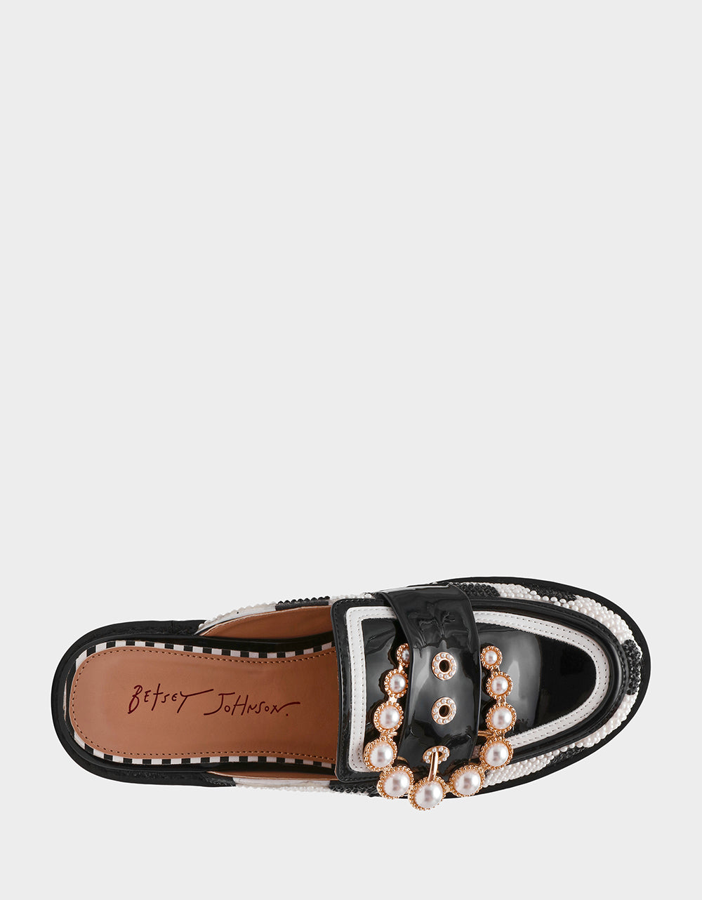 Betsey Johnson Value - BARTON White/Black Polka Dot Mule Embellished Buckle Lug Women's Loafer
