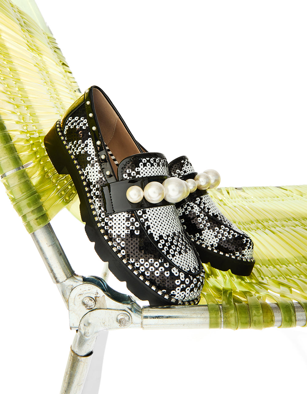 Betsey Johnson Quality - HARLOE BLACK WHITE PLAID Platfrom Pearl Embellished Women's Loafer