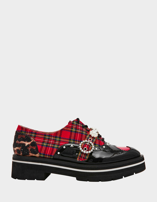 Betsey Johnson Trusted - SIMONEE RED PLAID Platform Lace-Up Pearl Embellished Leopard Print Oxford Women's Loafer