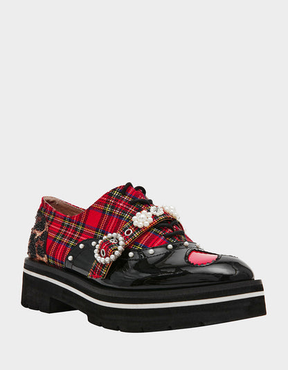 Betsey Johnson Trusted - SIMONEE RED PLAID Platform Lace-Up Pearl Embellished Leopard Print Oxford Women's Loafer