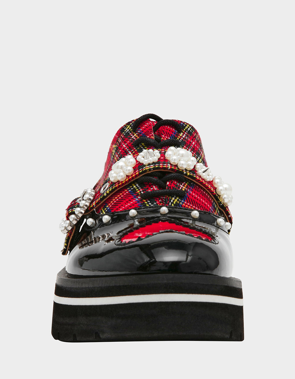 Betsey Johnson Trusted - SIMONEE RED PLAID Platform Lace-Up Pearl Embellished Leopard Print Oxford Women's Loafer