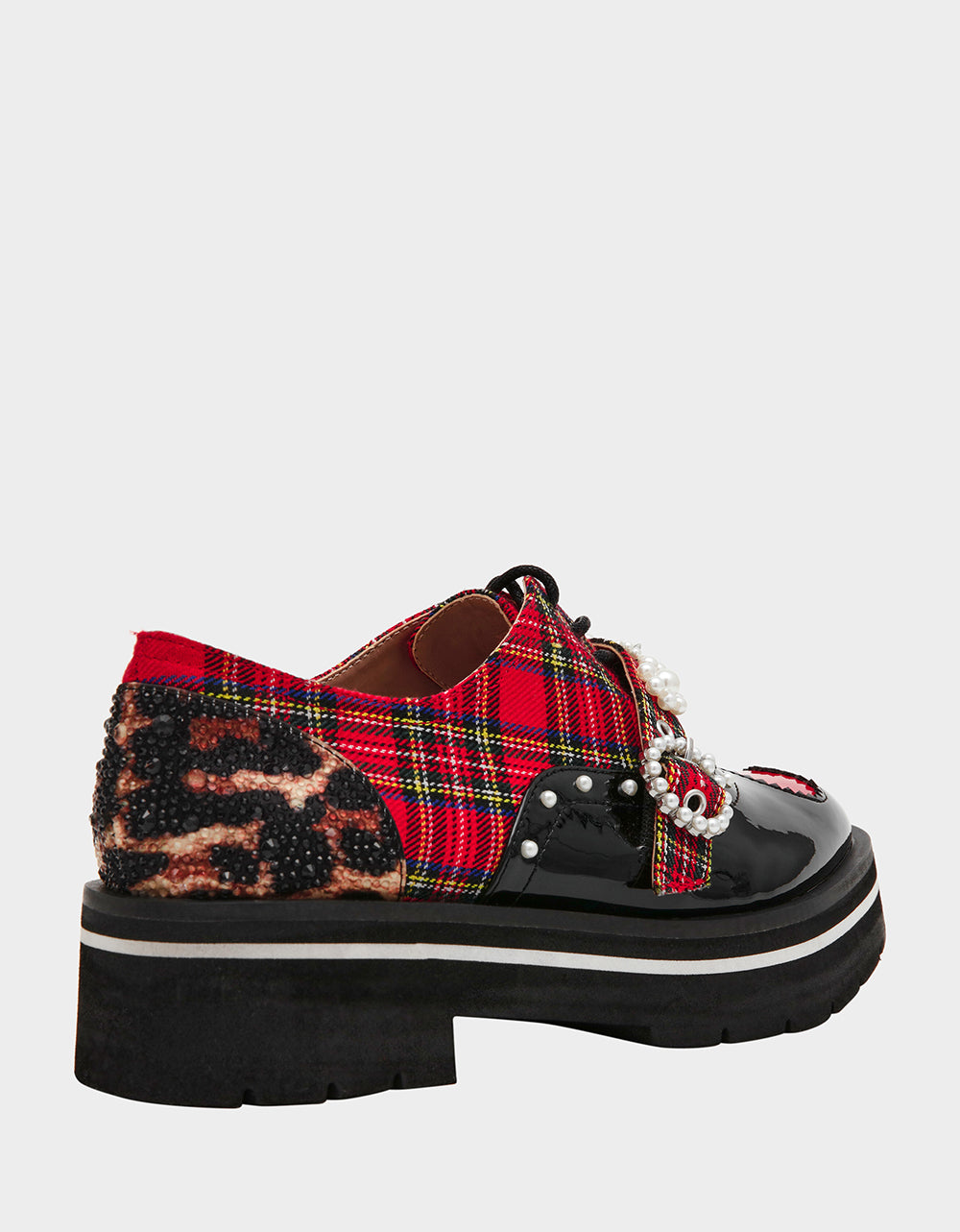 Betsey Johnson Trusted - SIMONEE RED PLAID Platform Lace-Up Pearl Embellished Leopard Print Oxford Women's Loafer