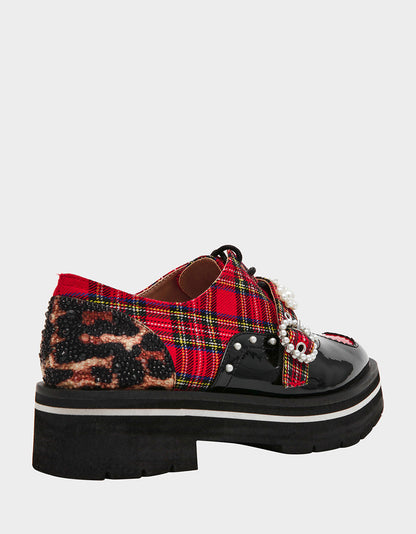 Betsey Johnson Trusted - SIMONEE RED PLAID Platform Lace-Up Pearl Embellished Leopard Print Oxford Women's Loafer