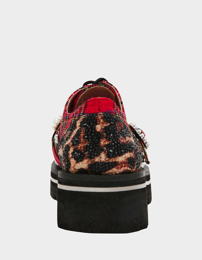 Betsey Johnson Trusted - SIMONEE RED PLAID Platform Lace-Up Pearl Embellished Leopard Print Oxford Women's Loafer