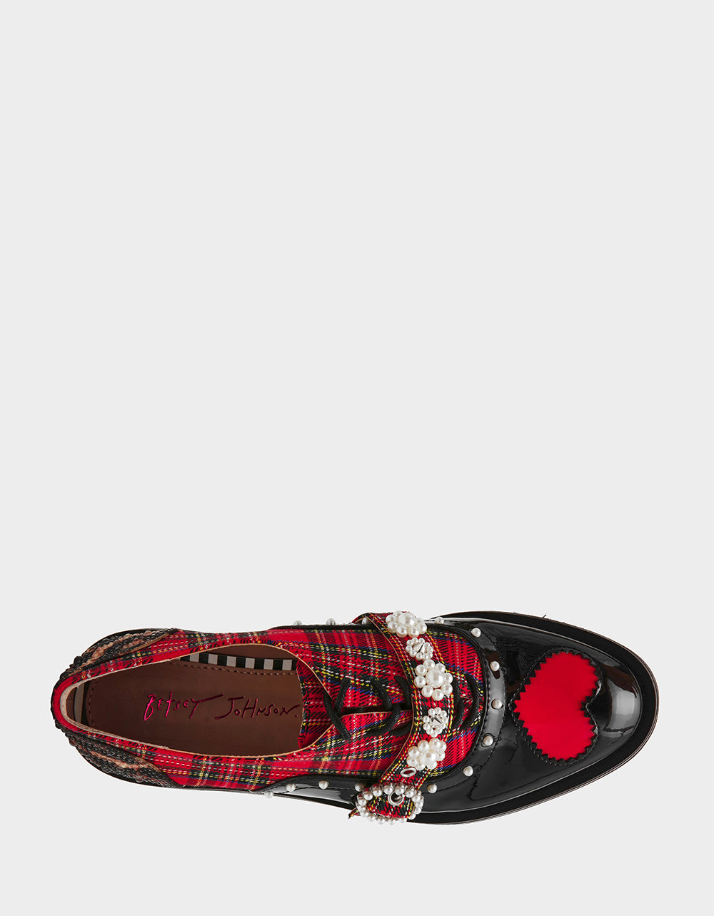 Betsey Johnson Trusted - SIMONEE RED PLAID Platform Lace-Up Pearl Embellished Leopard Print Oxford Women's Loafer