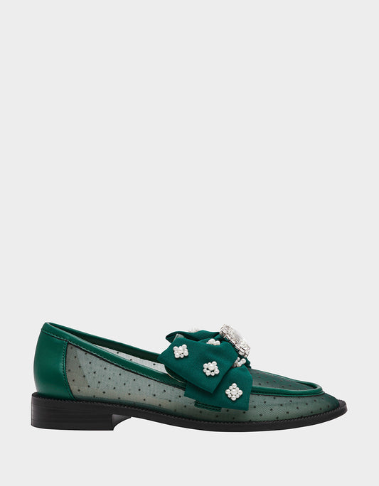 Betsey Johnson Special Offer - SETH EMERALD Women's Mesh Pearl Bow Slip-On Loafer