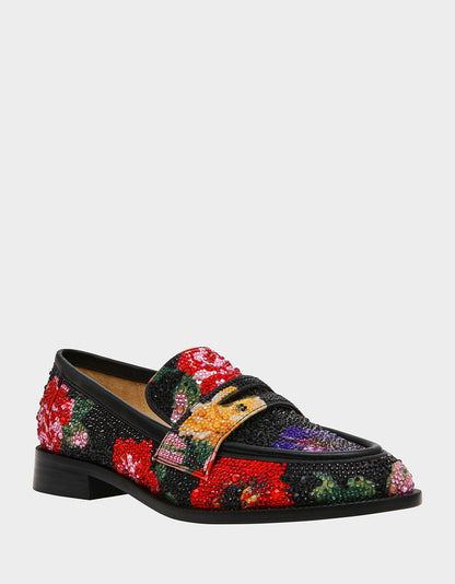 Betsey Johnson Featured - CANNE BLACK FLOWER MULTI Slip-On Embellished Rhinestone Women's Loafer