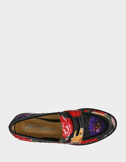 Betsey Johnson Featured - CANNE BLACK FLOWER MULTI Slip-On Embellished Rhinestone Women's Loafer