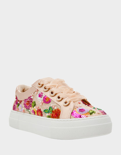 Betsey Johnson Customer Favorite - BONNY Nude Floral Sequin Mesh Floral Platform Low-Top Women's Sneaker