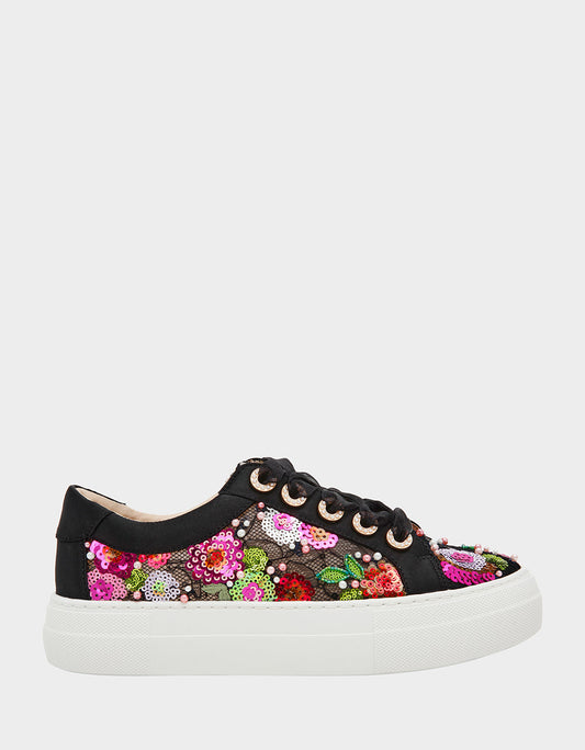 Betsey Johnson New - BONNY Black Floral Sequin Mesh Floral Platform Low-Top Women's Sneaker