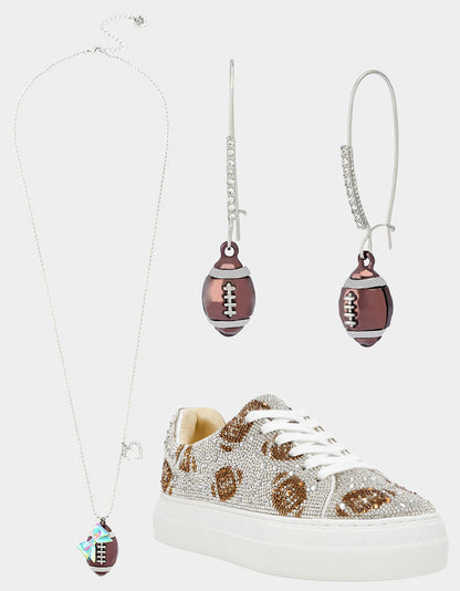 Betsey Johnson New - THE BIG GAME BUNDLE Women's Football Rhinestone Sneakers, Earrings, and Necklace Set