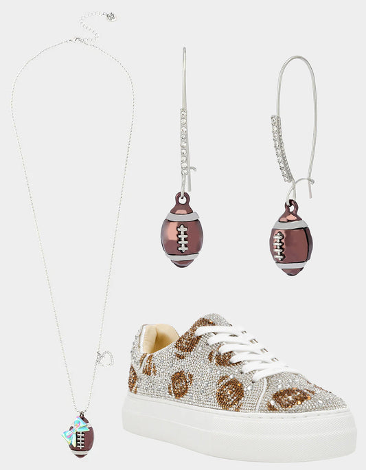 Betsey Johnson New - THE BIG GAME BUNDLE Women's Football Rhinestone Sneakers, Earrings, and Necklace Set