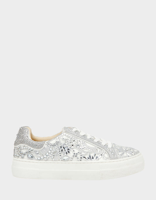 Betsey Johnson Recommended - REILY WHITE Platform Low-Top Lace-Up Rhinestone Women's Sneaker