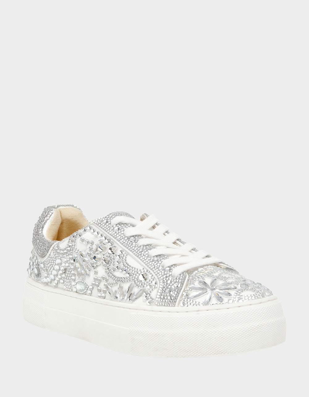 Betsey Johnson Recommended - REILY WHITE Platform Low-Top Lace-Up Rhinestone Women's Sneaker