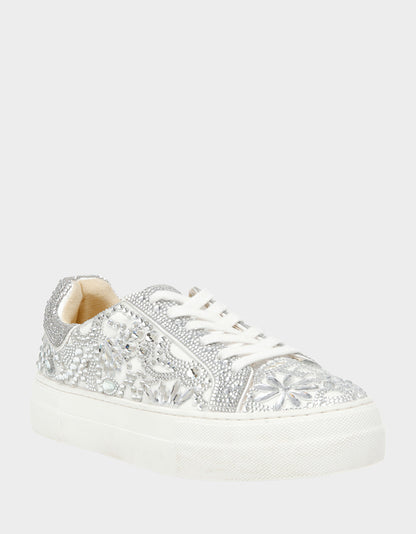 Betsey Johnson Recommended - REILY WHITE Platform Low-Top Lace-Up Rhinestone Women's Sneaker