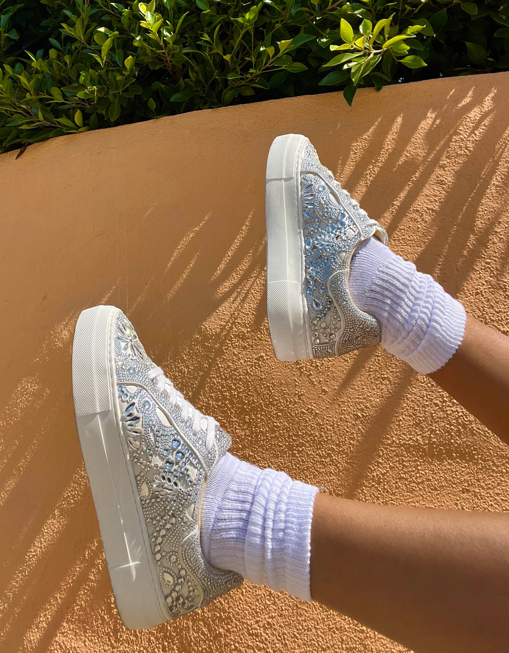 Betsey Johnson Recommended - REILY WHITE Platform Low-Top Lace-Up Rhinestone Women's Sneaker