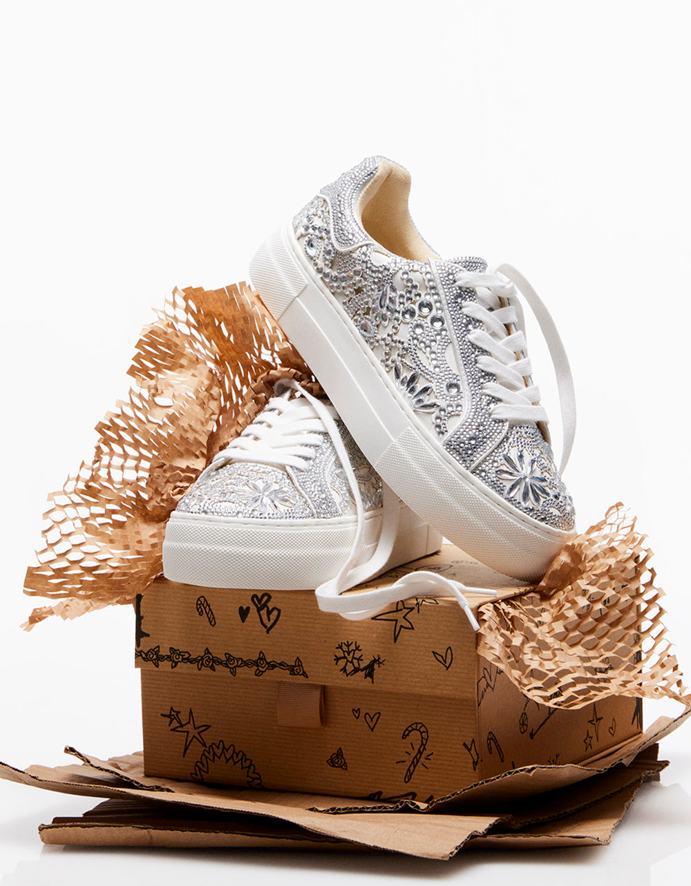 Betsey Johnson Recommended - REILY WHITE Platform Low-Top Lace-Up Rhinestone Women's Sneaker