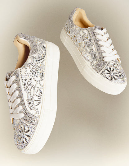 Betsey Johnson Recommended - REILY WHITE Platform Low-Top Lace-Up Rhinestone Women's Sneaker