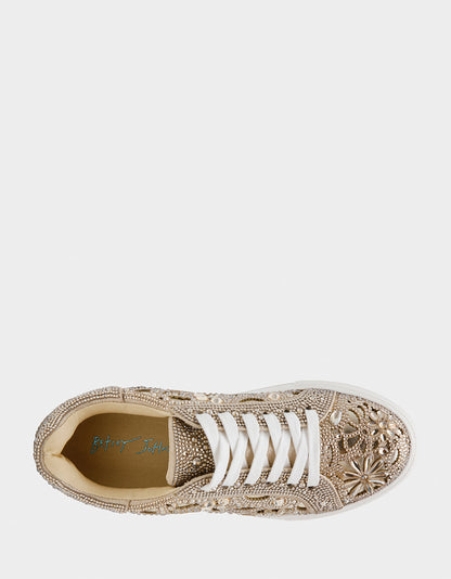 Betsey Johnson Best Price - REILY LIGHT GOLD Platform Low-Top Lace-Up Rhinestone Women's Sneaker