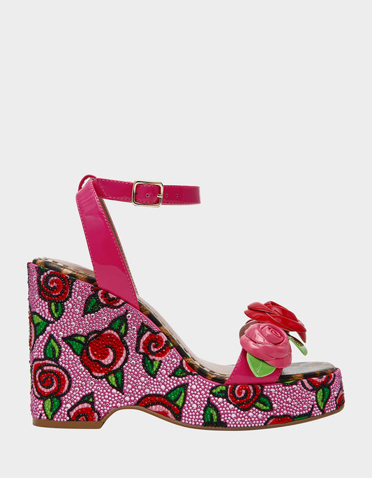 Betsey Johnson Best Price - LIZZETE Fuchsia Rose Platform Flowers Embellished Women's Wedge Heel