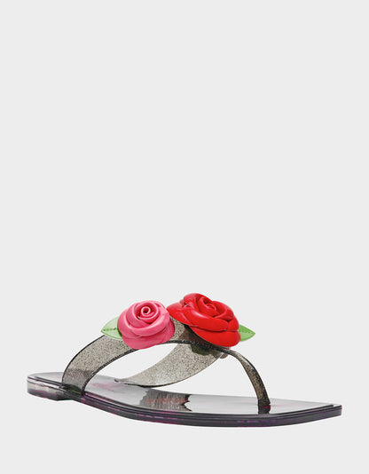 Betsey Johnson Featured - TRENTEN Black Rose Jelly Thong Strappy Women's Sandal
