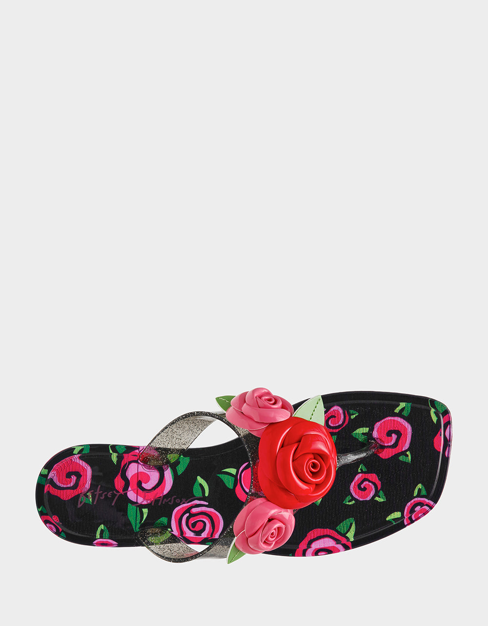 Betsey Johnson Featured - TRENTEN Black Rose Jelly Thong Strappy Women's Sandal