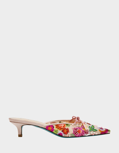 Betsey Johnson Smart Buy - KEELY Nude Floral Pointed-Toe Mule Embellished Women's Kitten Heel
