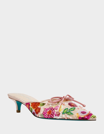Betsey Johnson Smart Buy - KEELY Nude Floral Pointed-Toe Mule Embellished Women's Kitten Heel