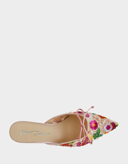 Betsey Johnson Smart Buy - KEELY Nude Floral Pointed-Toe Mule Embellished Women's Kitten Heel