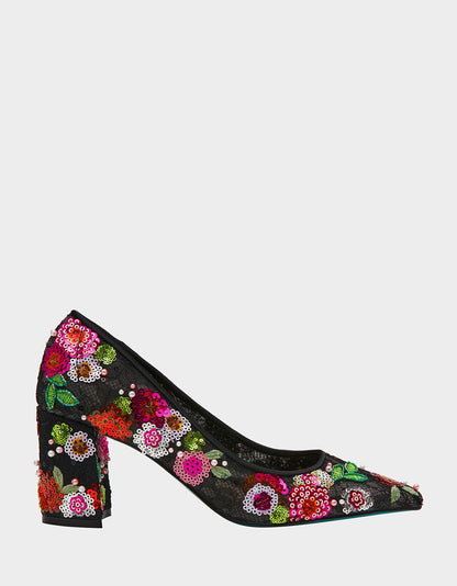 Betsey Johnson Smart Buy - CYRUS Black Floral Pointed-Toe Sequin Embellished Women's Heel
