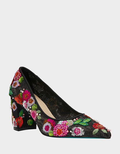 Betsey Johnson Smart Buy - CYRUS Black Floral Pointed-Toe Sequin Embellished Women's Heel