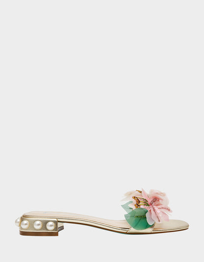 Betsey Johnson Discount - ROSIA Light Gold Flower Embellished Pearl Square-Toe Women's Block Heel