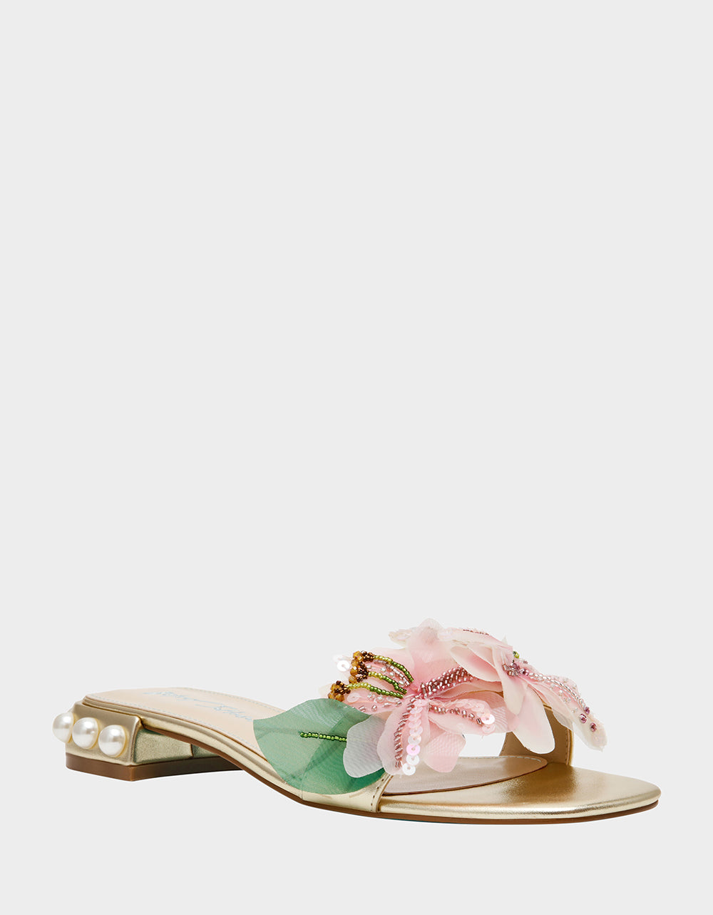 Betsey Johnson Discount - ROSIA Light Gold Flower Embellished Pearl Square-Toe Women's Block Heel