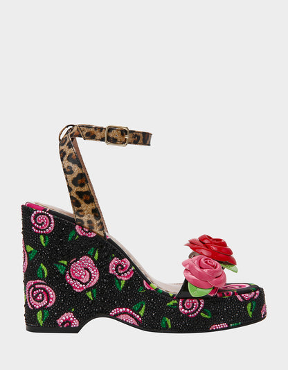 Betsey Johnson Popular - LIZZETE Black Rose Platform Flowers Embellished Women's Wedge Heel
