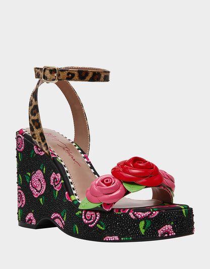 Betsey Johnson Popular - LIZZETE Black Rose Platform Flowers Embellished Women's Wedge Heel