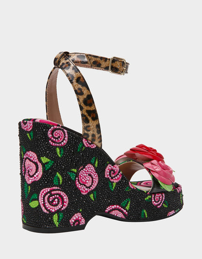 Betsey Johnson Popular - LIZZETE Black Rose Platform Flowers Embellished Women's Wedge Heel