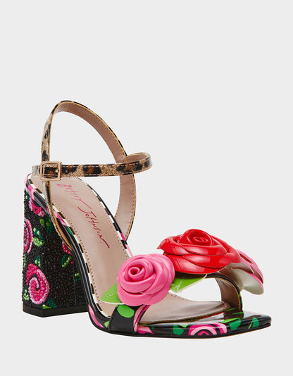 Betsey Johnson Best Seller - KRYSTLE Black Rose Flower Embellished Women's Block Heel