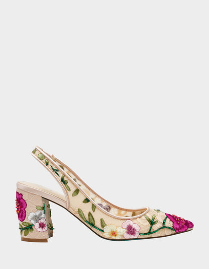 Betsey Johnson Sale - LIRA BLUSH MULTI FLORAL Pointed-Toe Slingback Mesh Women's Heel