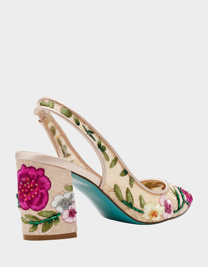 Betsey Johnson Sale - LIRA BLUSH MULTI FLORAL Pointed-Toe Slingback Mesh Women's Heel