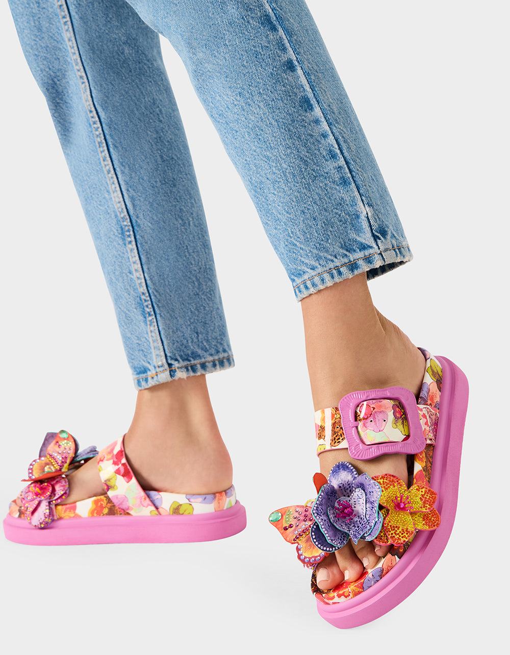 Betsey Johnson Special Offer - LORAYNE WHITE MULTI Women's Footbed Slip-On Sandal with Flower and Butterfly Details