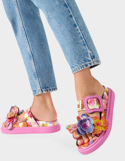 Betsey Johnson Special Offer - LORAYNE WHITE MULTI Women's Footbed Slip-On Sandal with Flower and Butterfly Details