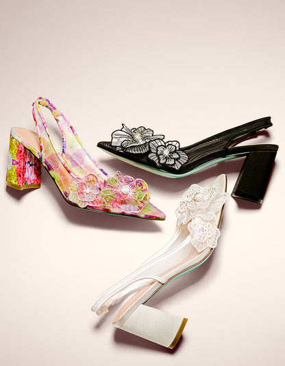 Betsey Johnson Sale - PETRA IVORY Slingback Floral Mesh Block Heel