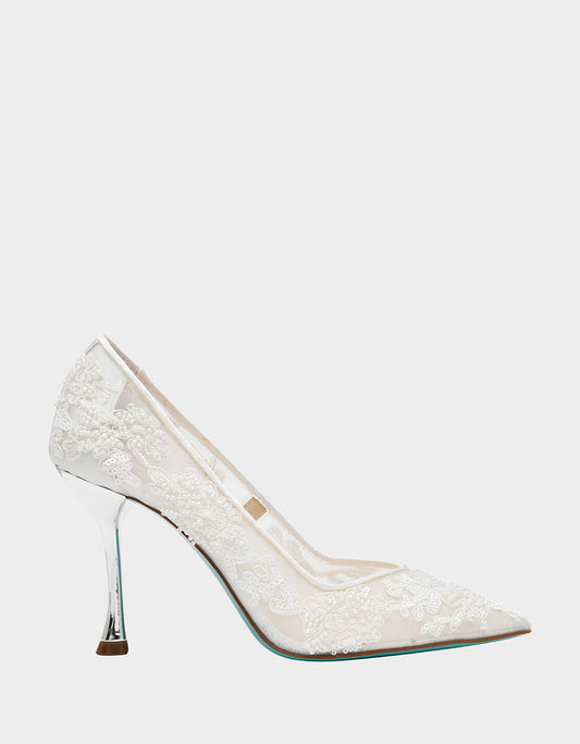 Betsey Johnson Premium - JENII IVORY Pointed-Toe Mesh Embellished Floral Print Pump Women's Heel