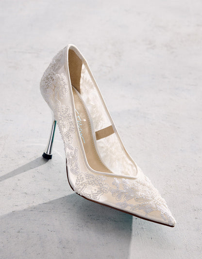 Betsey Johnson Premium - JENII IVORY Pointed-Toe Mesh Embellished Floral Print Pump Women's Heel
