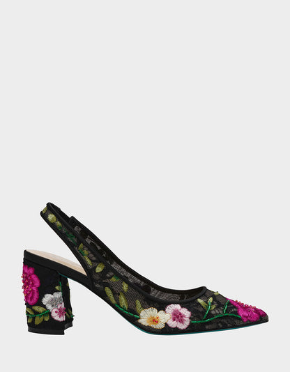 Betsey Johnson Latest - LIRA BLACK MULTI FLORAL Pointed-Toe Slingback Mesh Women's Heel