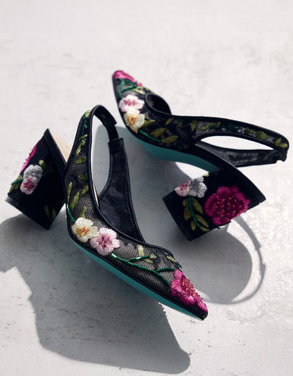 Betsey Johnson Latest - LIRA BLACK MULTI FLORAL Pointed-Toe Slingback Mesh Women's Heel
